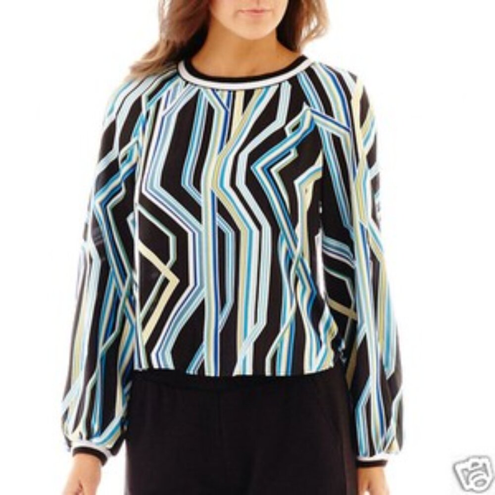 NWT Bisou Bisou Geo Print Blouse - Y2K Mod Abstract Retro Aesthetic Crop Top New